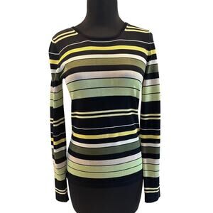 Dana Buchman Vintage Silk Stretch Knit Top Black Green Chartreuse Stripe